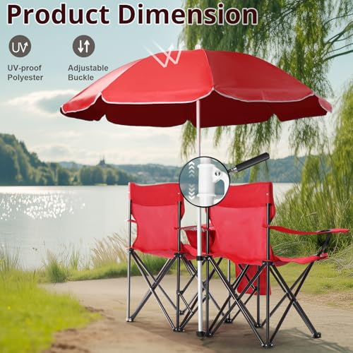 Outvita Folding Double Camping Chair w/Umbrella Beverage Holder Carrying Bag Cooler Fold Up Table, Large Bearing Capacity ...