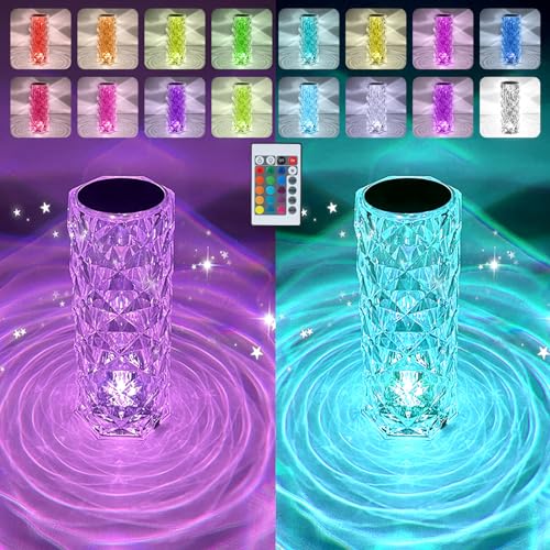 2 Pack Crystal Table Lamp, Remote and Touch Control Rose Wave Lamp, RGB Color Changing Night Light, Dimmable, USB Recharge...
