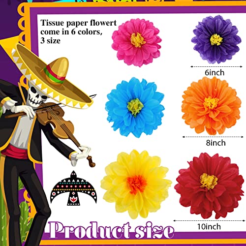 Geyee 36 Pcs Mexican Paper Flowers Colorful Fiesta Tissue Paper Flowers Pom Poms Mexican Carnival for Floral Party Backdro...