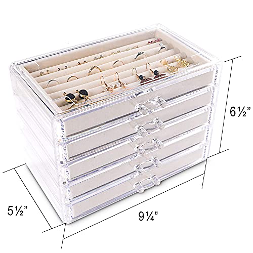 Frebeauty Extra Large Acrylic Jewelry Box for Women Girls 5 Layers Clear Velvet Earring Organizer with 5 Drawers Rings Dis...