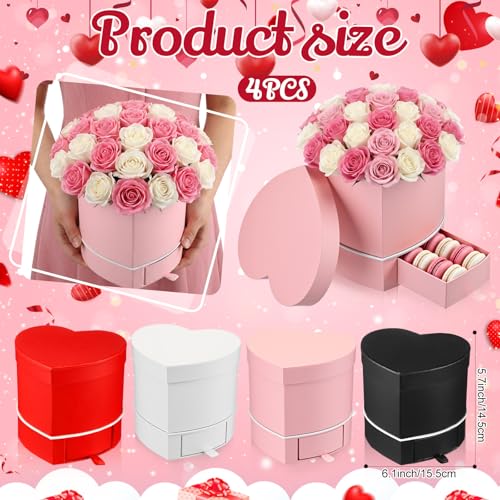 Fullhawl 4 Pack Heart Shaped Flower Box with Drawer,6.1" Mother's Day Gift Box for Roses, Jewelry, Proposals,Weddings, Rom...