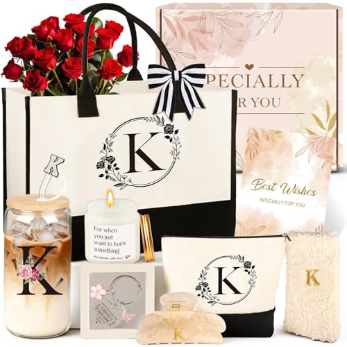 Birthday Gifts for Women, 10pcs Monogrammed Gifts for Women Initial Canvas Tote Bag, Makeup Bag, Glass Cup, Hair Clip, Can...