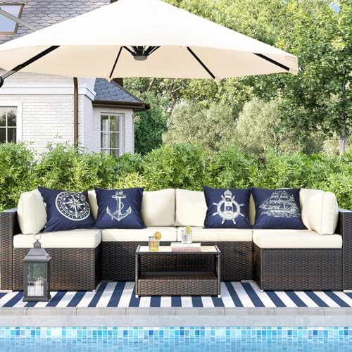 Bonhause Nautical Navy Blue Pillow Covers 18x18 Set of 4 Anchor Lighthouse Sailboat Compass Decorative Pillow Cases Linen ...