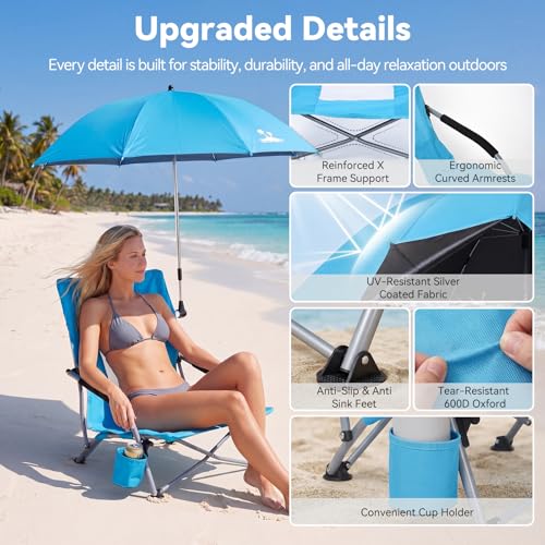 Folding Beach Chair with Umbrella, Low Profile Portable Sand Chair for Adults, Breathable Mesh Beach Seat with Cup Holder,...