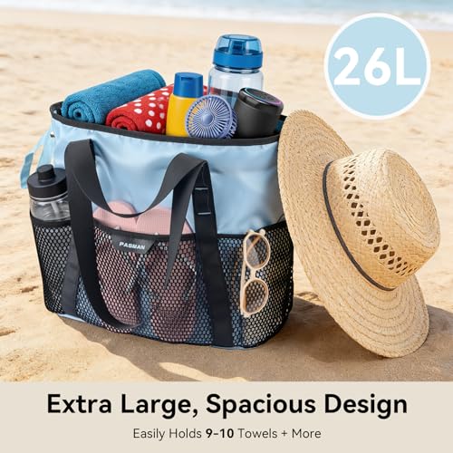 PASMAN Large Beach Bag with Zipper-8 Pockets Sandproof Beach Tote Bag for Women,Foldable Lightweight Family Swim Bag Vacation