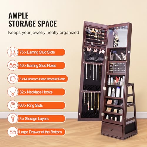 VEVOR 360° Swivel Jewelry Cabinet Armoire, 63-Inch Tall Lockable Jewelry Organizer with Full-Length Mirror, LED Light, Vel...