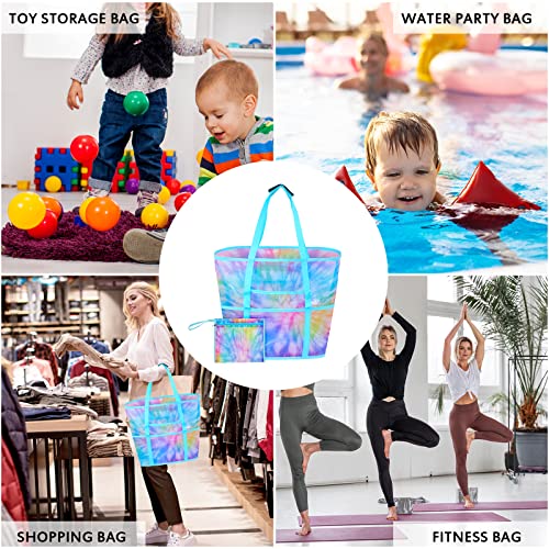 Mesh Beach Bag - Large Beach Tote Bag Women Pool Bags with Zipper 10 Pockets Foldable Beach Toy Bag for Towel, Flip Flops