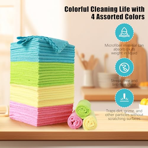 MOONQUEEN 12 Pack Microfiber Cleaning Cloth - Reusable Cleaning Rag, Fast Drying Cleaning Towels,12"X12", Green/Blue/Yello...