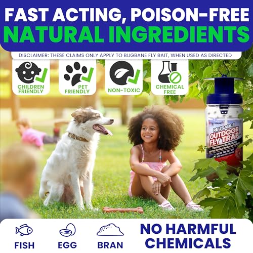 Fly Trap Outdoor Fly Traps for Patio with 2 Non-Toxic Dissolvable Bait Refills. Reusable Hanging Bug Catcher Killer for Al...