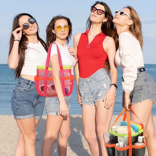 GQIRIL Mesh Beach Bag, Foldable Waterproof Sandproof Beach Storage Tote with 6 Pockets, Swim Tropical Vacation Pool Essential