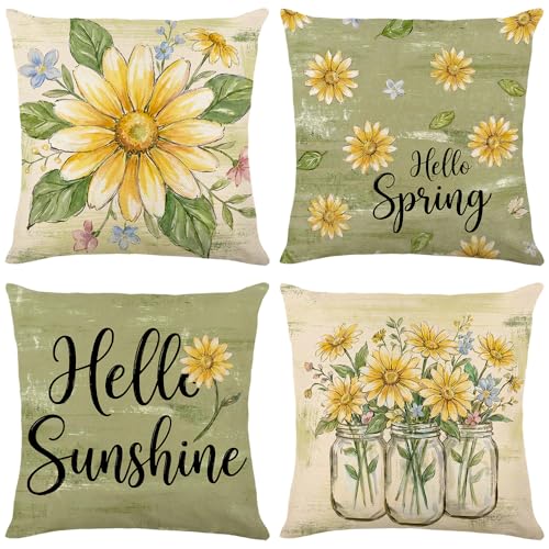 wyooxoo Spring Pillow Covers 16x16 Set of 4 Olive Green Farmhouse Throw Pillow Covers Floral Decorative Cushion Cases for ...