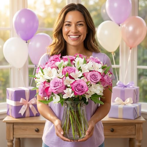 Benchmark Bouquets - Delightful Roses & Alstroemeria (Glass Vase Included) - Fresh Flowers for Delivery - Gift for Graduat...