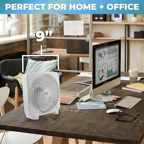 Comfort Zone 9-inch Portable Box Fan – Compact Desktop Cooling Fan with 3-Speeds, Quiet Operation, Built-in Carry Handle &...
