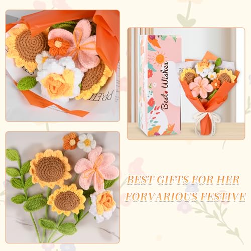 Gouraml Crochet Flower Bouquet, Orange Crochet Flowers for Mother's Day, Crochet Sunflowers Tulips Roses Bouquet for Valen...