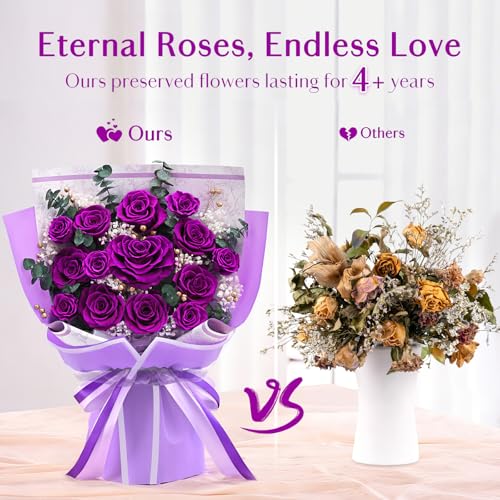 Forever Rose Flowers for Delivery Mothers Day Gifts, 14-Piece Purple Preserved Roses Flowers Bouquet with Vase Gift Box, L...