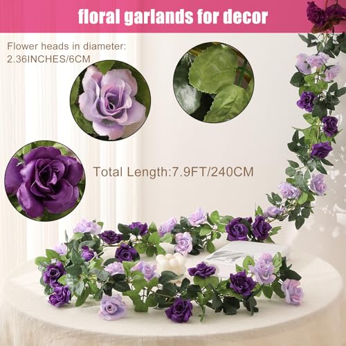 JUSTOYOU 2 Pack (15.8FT) Fake Rose Garland, Artificial Roses Vines Flower Garland Hanging Floral Vine Wedding Home Backdro...