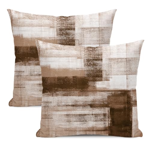 AEIOAE Brown Beige White Pillow Covers 20x20 Inch Set of 2,Abstract Art Throw Pillows Case,Modern Geometry Outdoor Decorat...