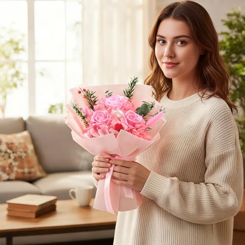 Gnifot Preserved Flowers Bouquet, Flowers for Delivery,Handmade Pink Rose Bouquets Lasting 3-5 Years, Luxury Gift Box,Birt...