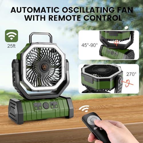 Odoland 30000mAh Camping Fan with LED Lantern, Rechargeable Battery Operated Oscillating Fan with Remote & Hook, Portable ...