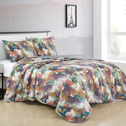 Chezmoi Collection Passion 3-Piece Floral Quilt Set Queen - Multicolor Purple Red Blue White Gray Yellow Waterbrush Printe...