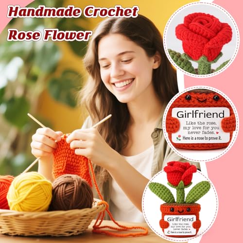 YUEYUQIU Gifts for Girlfriend from Boyfriend, Handmade Crochet Rose Flower Decor, Romantic Anniversary Birthday Presents f...