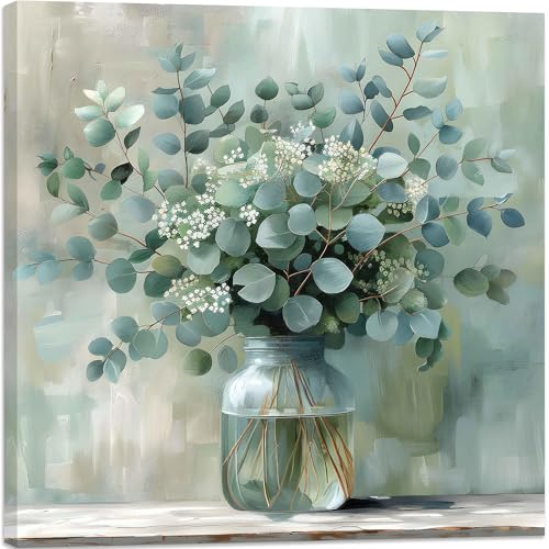 FWAHREN Botanical Eucalyptus Canvas Wall Art, Framed Sage Green Plant Prints Artwork, Farmhouse Wild Flower Pictures, Larg...