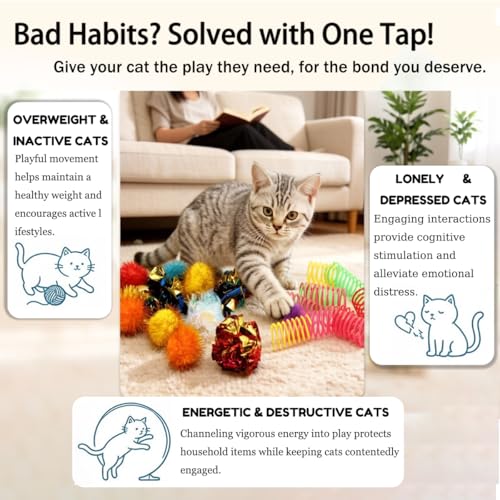 LASOCUHOO Cat Toys, 30 Packs Interactive Cat Toy Pack Including Cat Crinkle Balls, Cat Sparkle Balls, Spiral Springs for K...