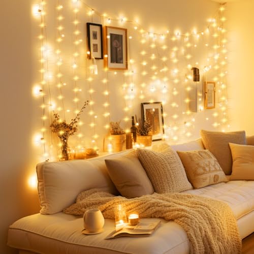 Minetom Curtain Lights, 300 LED Dimmable Fairy Lights Twinkle Lights with Remote and Timer, 8 Modes, USB Powered String Li...