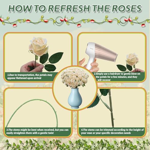 100 PCS Fake Champagne Roses, Artificial Champagne Flowers Bulk Realistic Silk Faux Rose with Stems for Wedding Decoration...