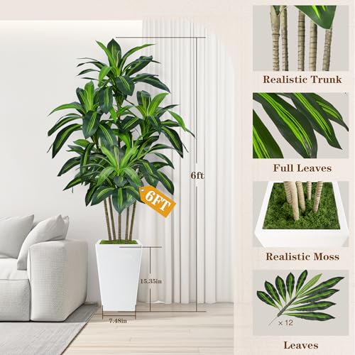 6FT Artificial Dracaena Tree, Fake Tree Indoor with White Tall Planter,Tall Artificial Plants Indoor,Artificial Silk Tree ...