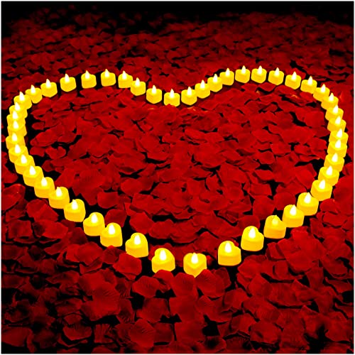 VIPbuy 3000 Pcs Artificial Rose Petals with 48 Pcs Heart Flameless Candles Battery LED Tea Lights Candles Set Valentine's ...