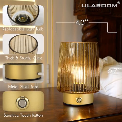 ULAROOM Cordless Lamp Rechargeable Battery Operated lamp, Glass Small Table lamp - Portable Dimmable Brightness Touch Wire...