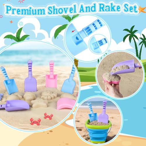 Collapsible Beach Toys for Kids, 3 Pack Foldable Sand Buckets and Shovels Set with Mesh Bag, Silicone Pails Shovels Molds,...