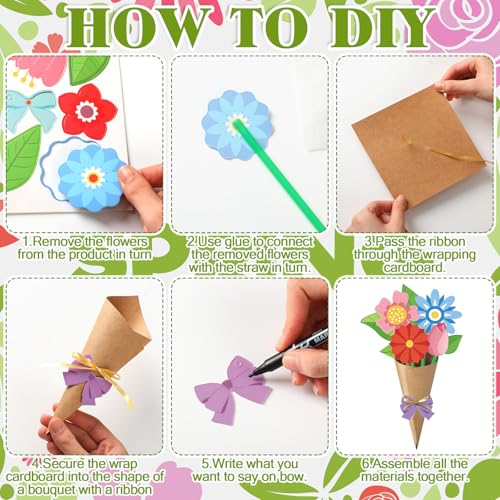 Motipuns 48 Set Spring Bouquet Flower Craft Kit Mother's Day DIY Flower Bow Paper Crafts Colorful Bouquets Make Your Own T...