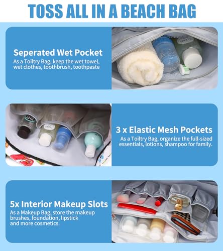 PIG PIG GIRL Beach Bags for Women, Large Waterproof Sandproof Swim Pool Bag with Dry Wet Seperated Pocket Utility Tote Bag