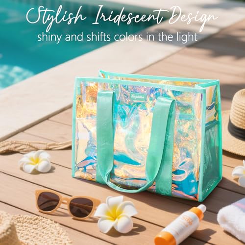 Bagstellar Iridescent Beach Tote Bags for Women, Large Zipper Beach Pool Swim Bag with Makeup Bag & Waterproof Phone Pouch...
