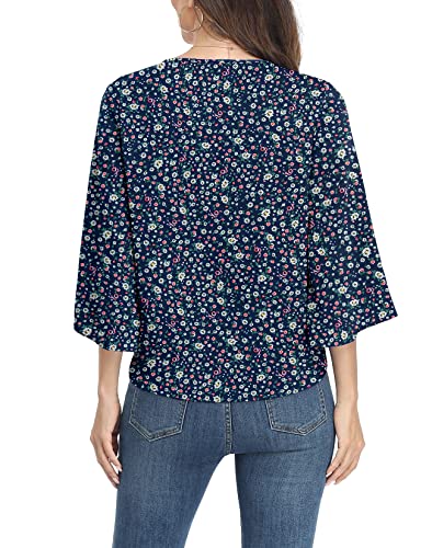 VIISHOW Women's Button V Neck Chiffon Tops 3/4 Bell Sleeve Tie Knot Casual Blouses Loose Summer Shirts