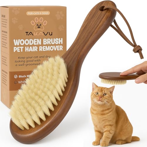 TAKAVU Natural White Boar Bristle Cat Brush - Gentle Grooming Tool for Sensitive Skin, Smoothing Fur & Healthy Shine - Sof...