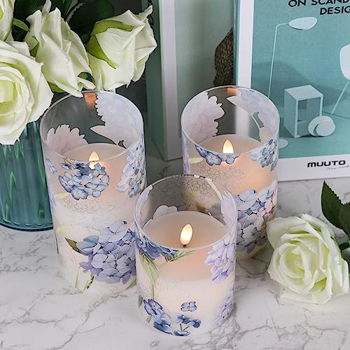 DRomance Hydrangea Glass Flameless Candles with Remote Timer Battery Operated LED Flickering Pillar Candles Real Wax Sprin...