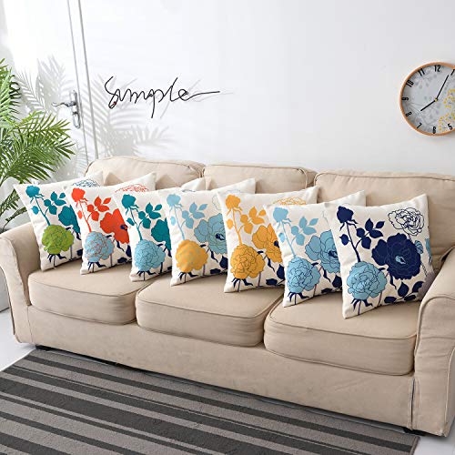 sykting Burnt Orange Floral Pillow Covers 18x18 Set of 2 Thick Cotton Linen Spring Summer Throw Pillow Covers for Couch Be...
