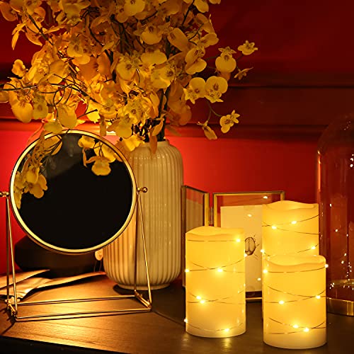 H-BLOSSOM Flickering Flameless Candles Ivory Real Wax Pillar with Embedded String Lights LED Candles Battery Operated with...