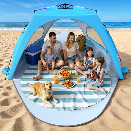 Raynesys Beach Tent Sun Shelter for 5-6 Person, Pop Up Beach Canopy, UPF 30+ UV Protection, Breathable Mesh Window, Portab...