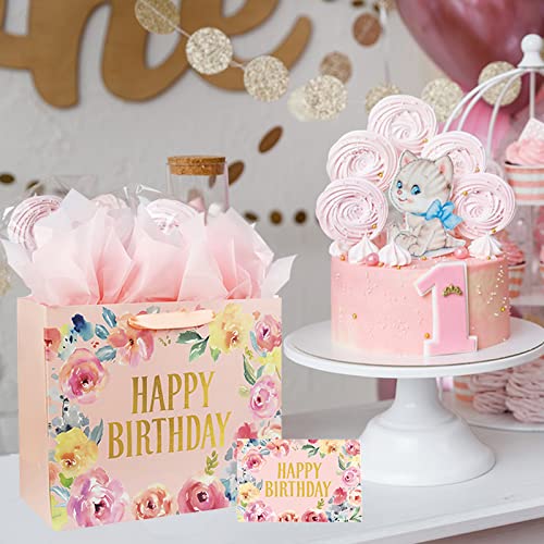 13" Large Happy Birthday Gift Bag with Card and Tissue Papers, Handles Floral Design for Women Girls Birthday Party (13" P...