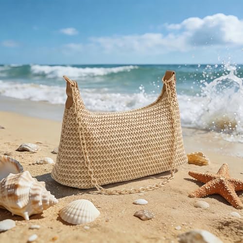 XquiziFit Beach Bags for Women Summer Straw Purse Boho Woven Shoulder Bag Crochet Purse Vacation Tote Handbag