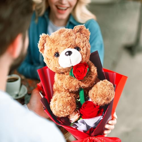 PullCrease Bear Flower Bouquet for Women 15in Rose Plush Bear Box Artificial Bouquet Necklace and Card for Graduation Anni...