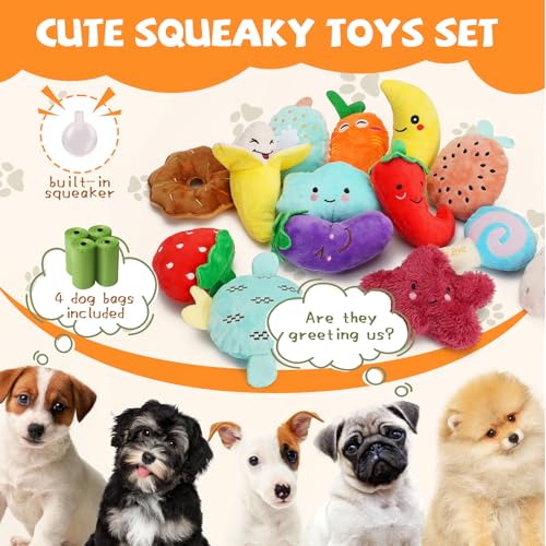 QTwoof Cheerful 20-Pack Squeaky Dog Toys Set - Included 4 Dog Bags, Plush Puppy Toys with Irresistibly Cute Characters for...