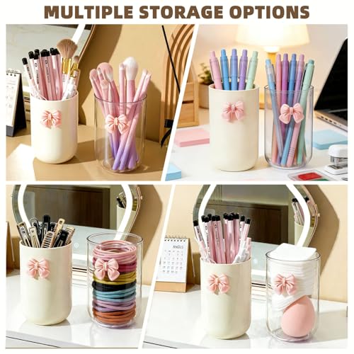 MWRDSM 2 Pack Pen Pencil Holder for Desk, Acrylic Desk Organizer with Bow Clear Makeup Brush Holder Cup Desktop Stationery...
