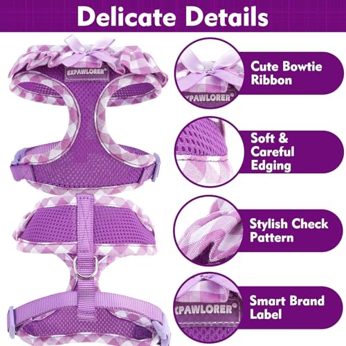 EXPAWLORER Cute Dog Harness Collar Leash Set - Purple Girl Dog Harness Checkered Step-in Design, Detachable Bow Pet Colla...