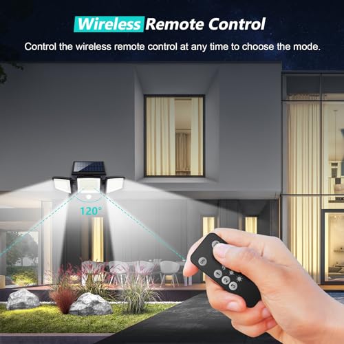 Tuffenough Solar Outdoor Lights 2500LM 210 LED Security Lights with Remote Control,3 Heads Motion Sensor Lights, IP65 Wate...