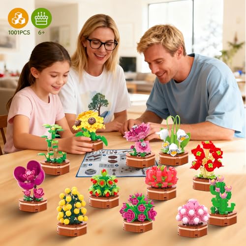 KOJAYHOL 12 Pack Flowers Succulent Party Favors for Kids Building Set, 1001 Pcs Botanical Bonsai DIY Creative Mini Buildin...